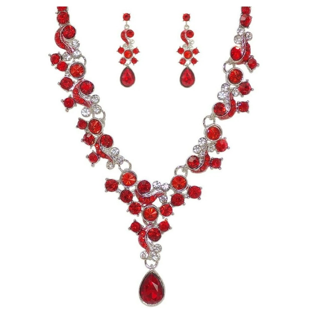 Sparkling Red Crystal Necklace And Earring Set With Teardrop Crystal Pendant New 20$